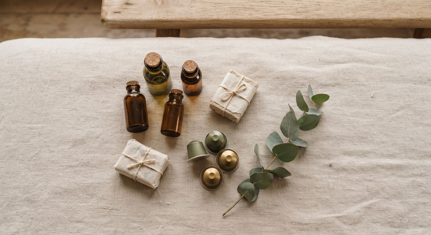 Amenities: frascos de vidro âmbar, sabonetes embrulhados e cápsulas de café