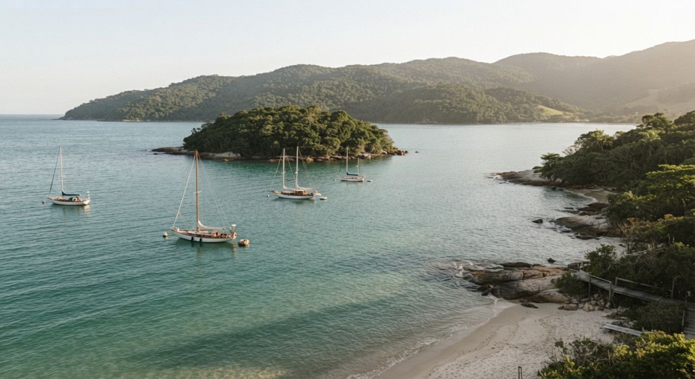 Baía de águas claras com veleiros e ilha