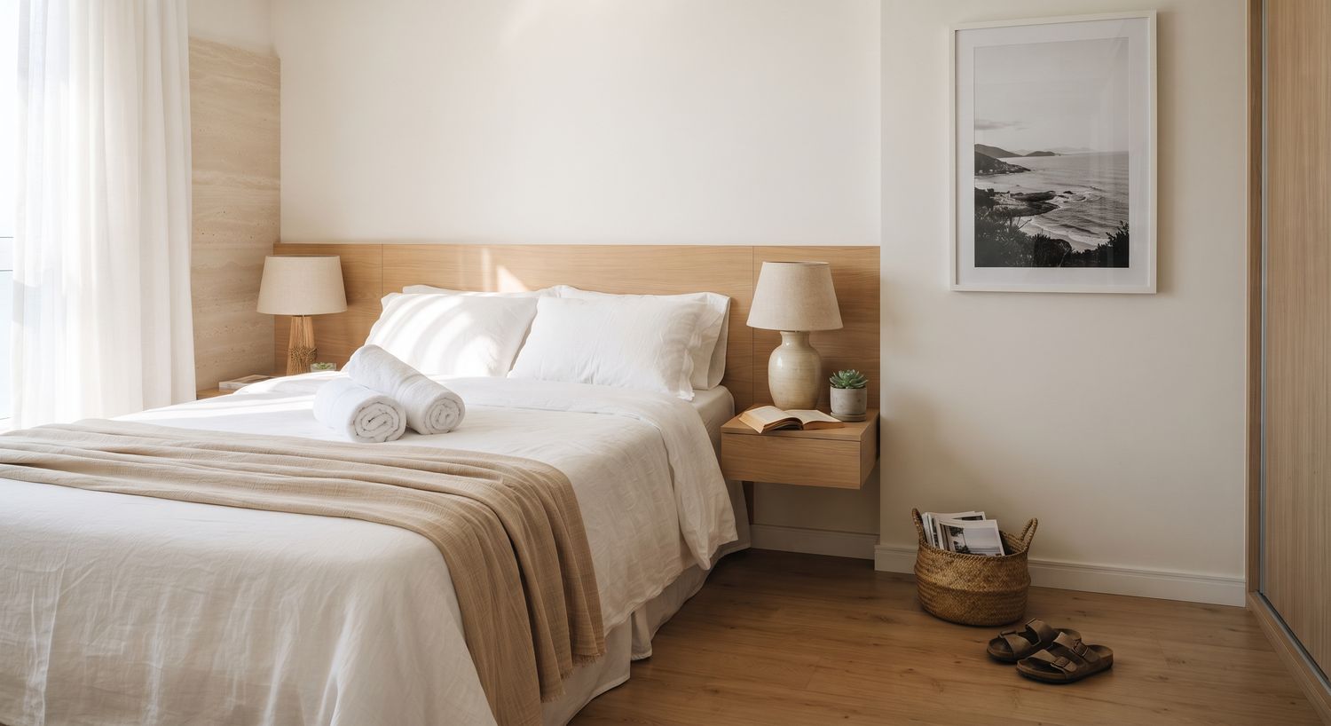 Quarto com cama arrumada em linho branco e toalhas enroladas