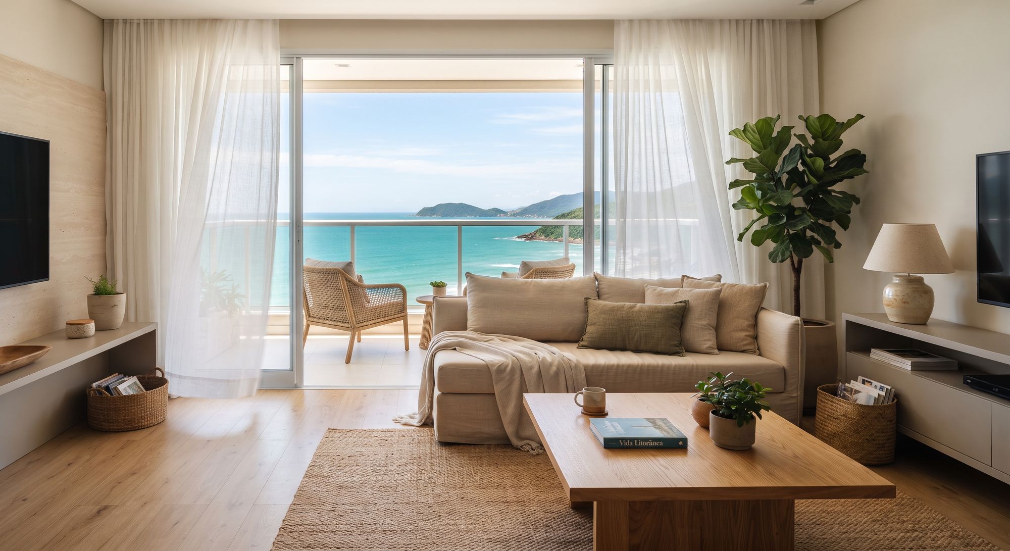 Sala de apartamento de praia com sofá de linho e vista para o mar