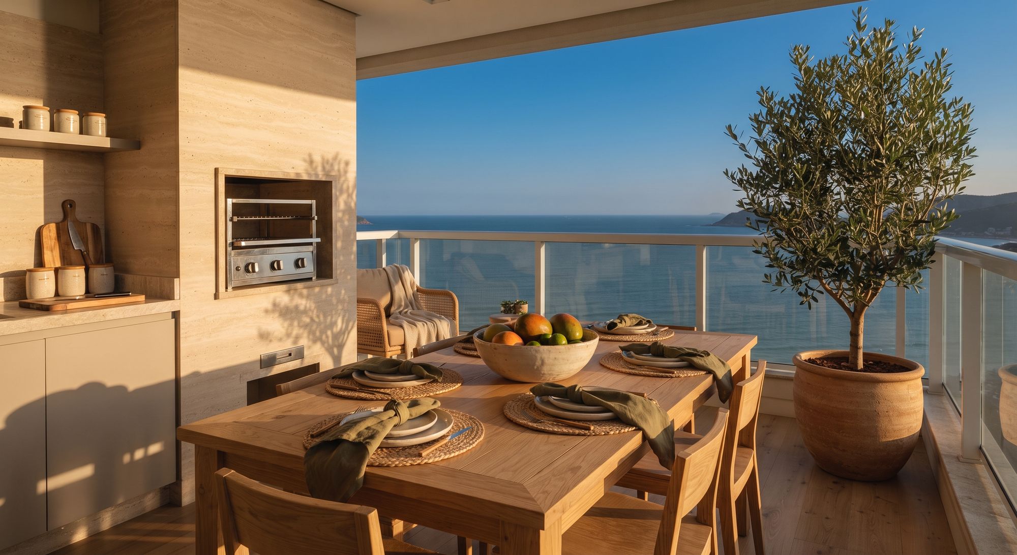 Varanda gourmet com churrasqueira, mesa posta e vista para o mar